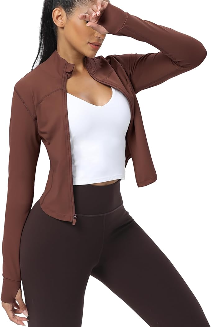 AVGO Women's Cropped Running Workout Jackets Zip Slim Fit Athletic Tops with Thumb Holes