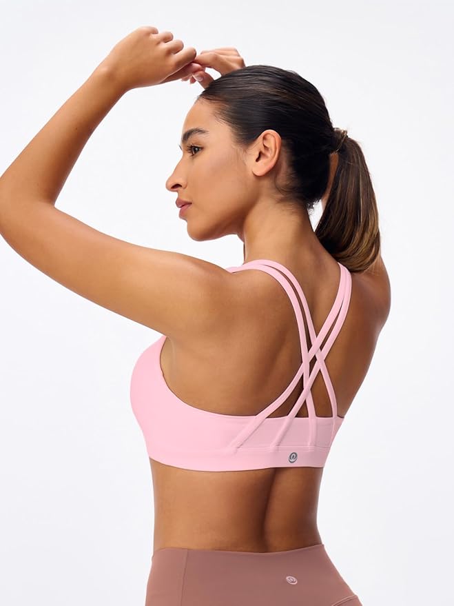 Women's Strappy Sports Bras Light Compression Crop Criss Cross Back Padded Workout Yoga Bra Supportive U Neckline