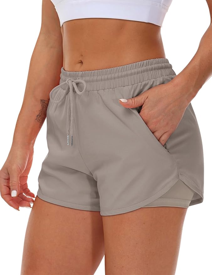 Mancreda Women's Running Shorts with Liner 3 Zipper Pockets Elastic Workout Athletic Gym Yoga Shorts