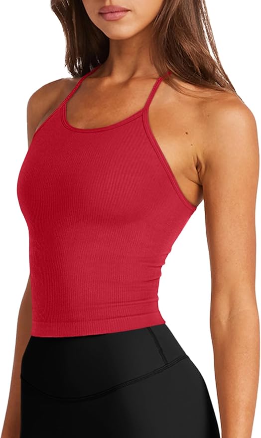 LASLULU Womens Sports Bra Seamless Long Crop Tank Racer Back Spaghetti Strap Workout Yoga Bra Padded Halter Neck Casual Tops