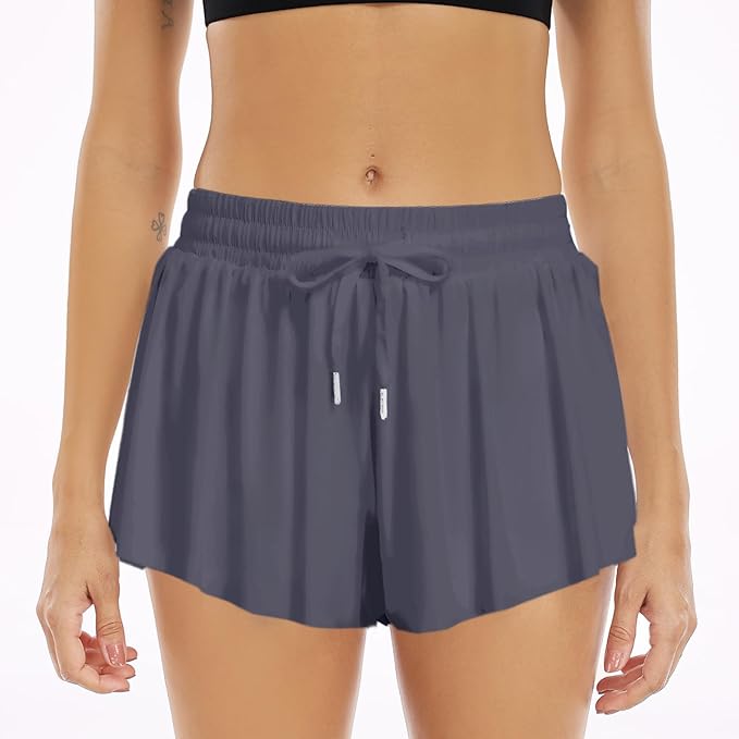 Wsirmet Flowy Shorts for Women Butterfly Shorts 2 in 1 Athletic Workout Gym Biker Running Shorts with Pockets
