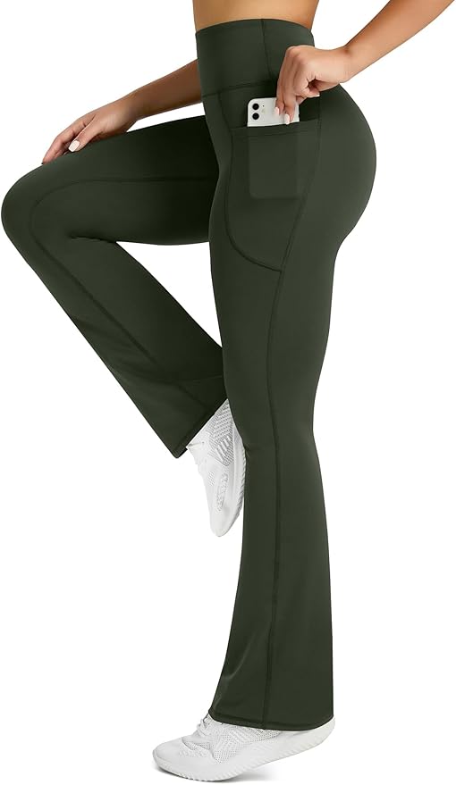 Womens Flared Yoga Pants with Pockets, High Waisted Flare Leggings Bell Bottom Bootcut Yoga Dress Pants