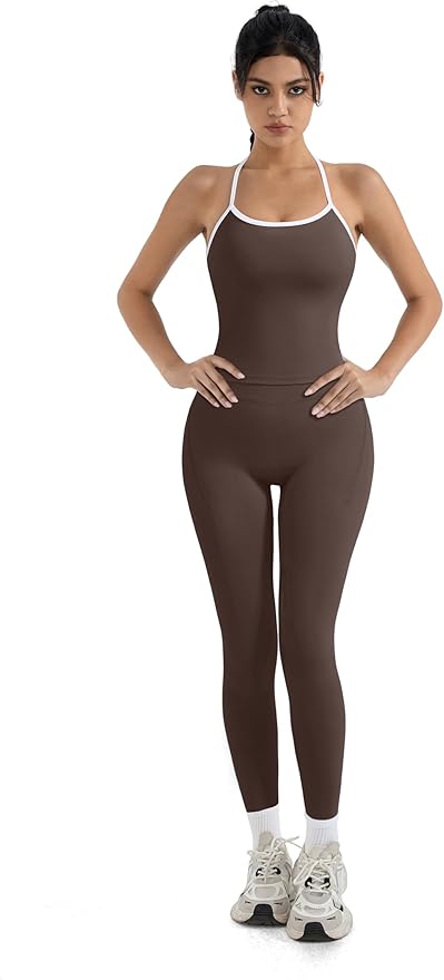 SUUKSESS Women 2 Piece Workout Sets Compression Tummy Control Leggings with Pockets Halter Built in Bra Tank Tops