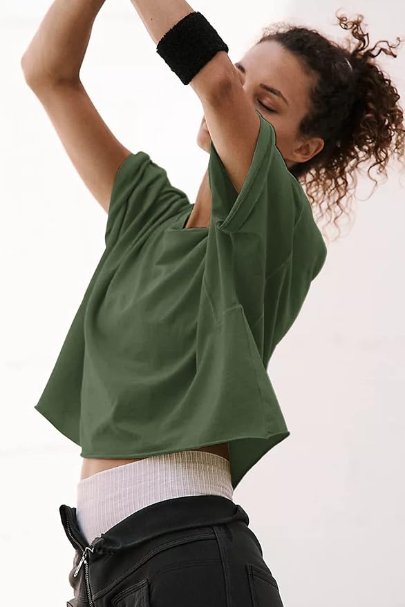 Women's Oversize Workout Crop Tops Casual Short Sleeve Drop Shoulder Boxy T-Shirts Roll Hem Basic Loose Yoga Running Tees