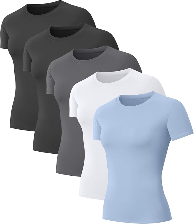 5-Pack Women's Compression Shirts Short Sleeve Workout Tops Athletic Baselayer Quick Dry Gym Yoga Running T-Shirt