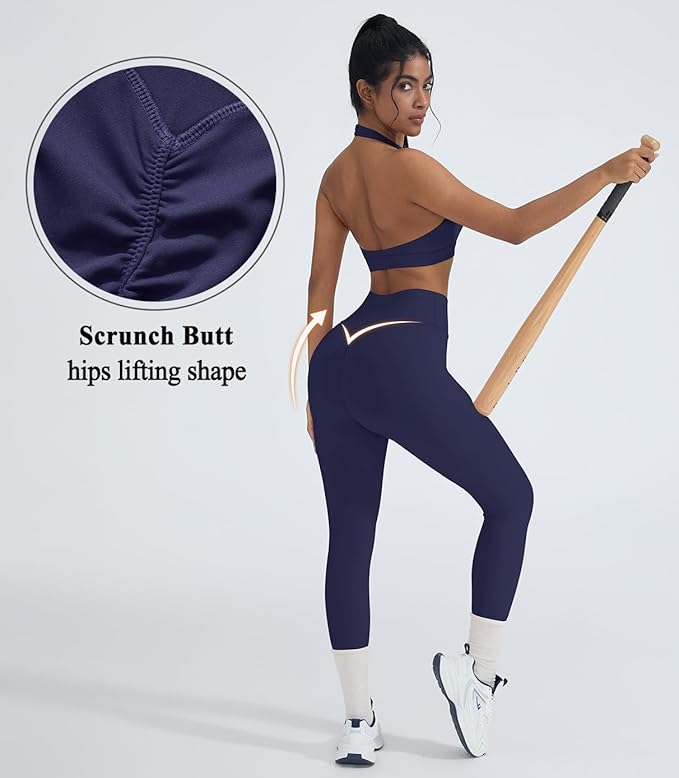 OMKAGI 2 Piece Workout Sets for Women Halter Sports Bras Gym Sets Booty Leggings Outfits