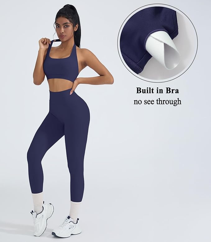 OMKAGI 2 Piece Workout Sets for Women Halter Sports Bras Gym Sets Booty Leggings Outfits