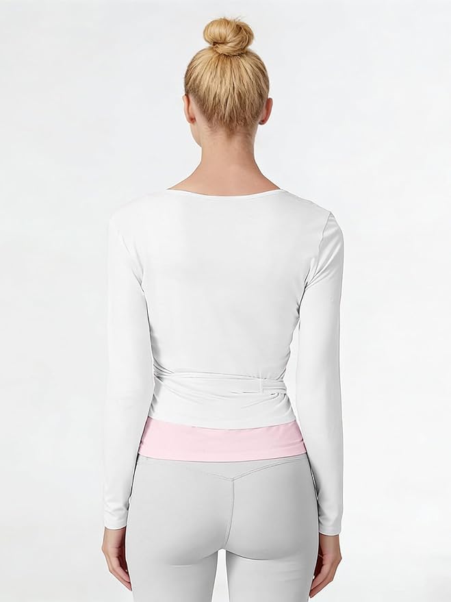 Women Pilates Wrap Top Ballet Tie Workout Shirt Long Sleeve Cross Sexy Deep V Neck Yoga Coquette Blouses Y2k Active Gym