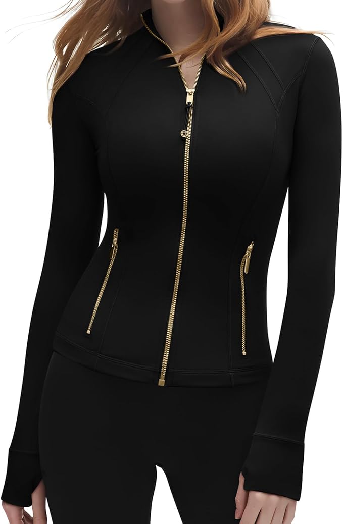 SUUKSESS Women Golden Full Zip Up Workout Cropped Jackets Lightweight Athletic Yoga Tops
