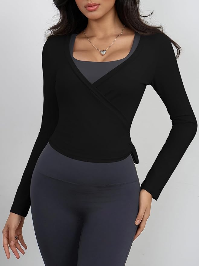 Yousify Womens Wrap Tie Tops Y2k Long Sleeve Ballet Pilates Yoga Workout Wrap Shirts Deep V Neck Casual Tops