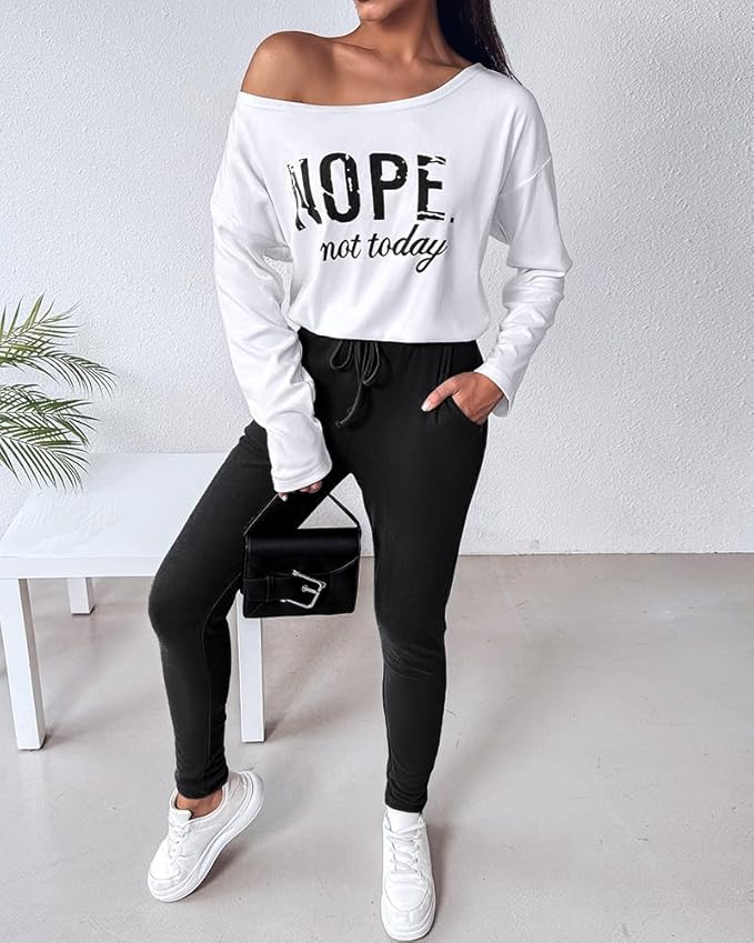 CHICME Women Tracksuit Fall 2 piece Outfits Off The Shoulder Long Sleeve Tops and Pants Set Travel Outfits