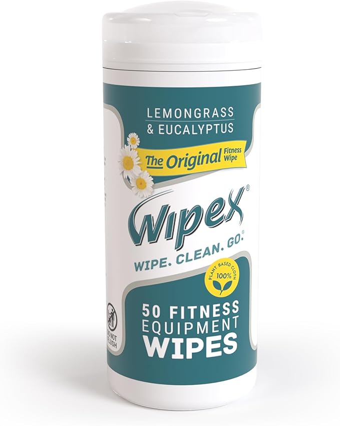 Wipex Fitness Equipment Wipes - EWG Verified - 50 Ct Original Natural Plant Based Gym Wipes for Equipment, Clean Surfaces at Home or Gym, Use as a Yoga Mat Cleaner, Lemongrass, Eucalyptus & Vinegar
