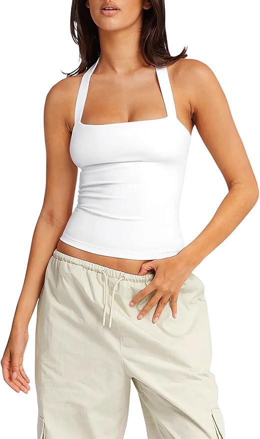 LASLULU Womens Sexy Halter Sports Bra Workout Tops Wirefree Sleeveless Gym Yoga Tank Tops Y2k Casual Crop