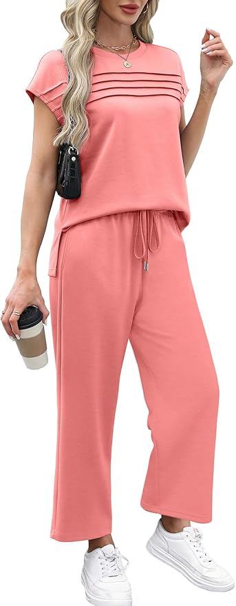 WIHOLL Two Piece Sets for Women Summer Spring Travel Vacation Outfits Cap Sleeve Lounge Matching Sets Wide Leg Pants S-3XL