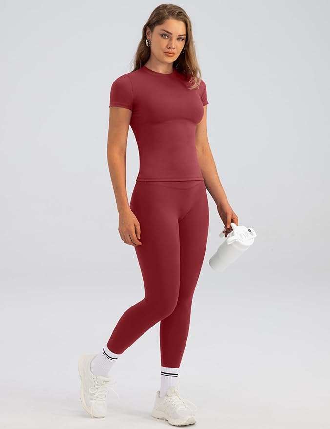 Relety Womens Two Piece Workout Sets Slim Fit Short Sleeve Shirt High Waist Leggings Yoga Outfits Matching Gym Set