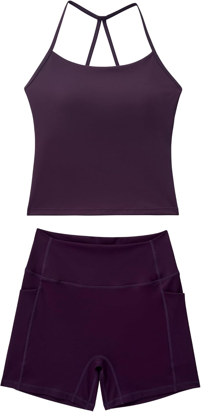 OMKAGI 2 Piece Workout Sets for Women Padded Sports Bra Tank Booty Gym Shorts with Pockets