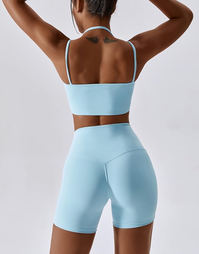 ABOCIW Workout Sets for Women 2 Piece Twist Front Halter Sports Bras High Waist Biker Shorts Exercise Gym Yoga Outfit