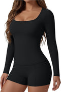 Women Workout Sets 2 Piece Yoga Square Neck Long Sleeve Top Athletic Seamless Short Pockets Sport Gym Run Outfits