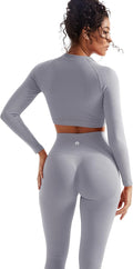 SUUKSESS Women 2 Piece Workout Sets Hidden Scrunch Hip Lifting Seamless Leggings Long Sleeve Yoga Crop Tops