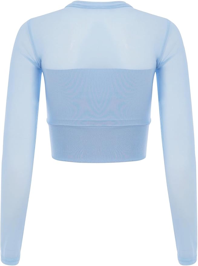 Womens Sheer Patchwork Yoga Shirt Long Sleeve Crew Neck Crop Top for Pilates Dance Workout