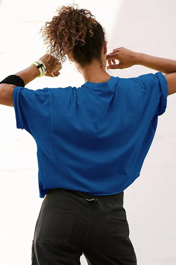 Women's Oversize Workout Crop Tops Casual Short Sleeve Drop Shoulder Boxy T-Shirts Roll Hem Basic Loose Yoga Running Tees