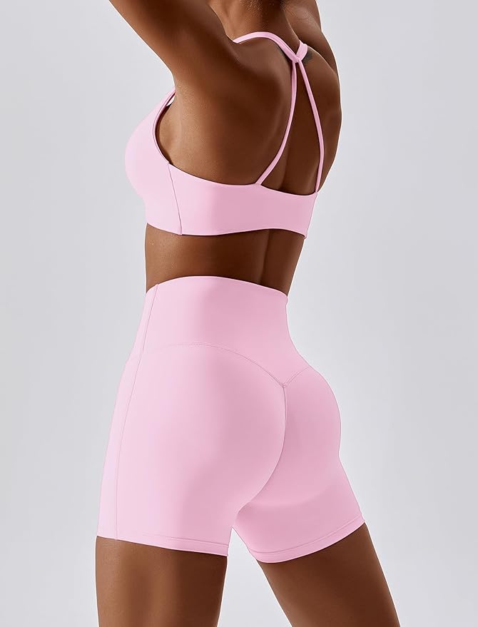 ABOCIW Workout Sets for Women 2 Piece Twist Front Halter Sports Bras High Waist Biker Shorts Exercise Gym Yoga Outfit