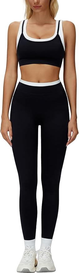 Women 2 Piece Workout U Back Color Block Sports Bra High Waist Active Leggings Yoga Pilates Outfits