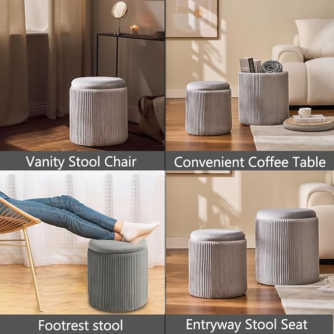 BLEXA Round Set of 2 Ottoman with Storage-Upholstered Velvet Vanity Stool for Makeup Multifunctional Ottomans Coffee Table Padded Seat Foot Rest for Living Room&Bedroom(Ligth Grey)