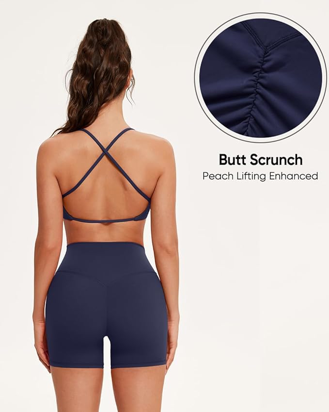 OMKAGI Workout Sets for Women Open Back Strappy Sports Bra Booty Biker Shorts Gym Outfits