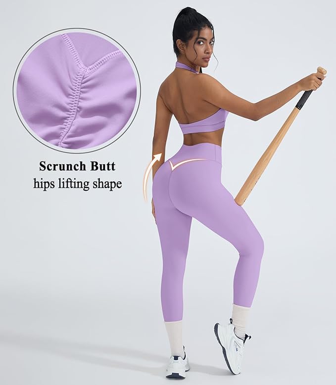 OMKAGI 2 Piece Workout Sets for Women Halter Sports Bras Gym Sets Booty Leggings Outfits