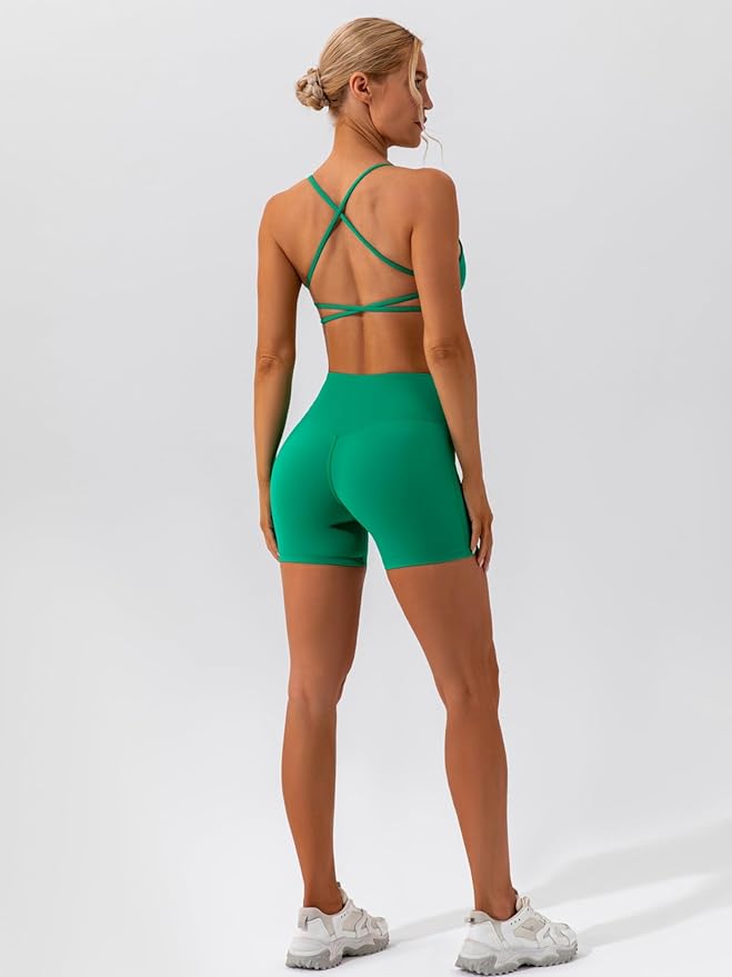 ABOCIW Workout Sets for Women 2 Piece Twist Front Halter Sports Bras High Waist Biker Shorts Exercise Gym Yoga Outfit