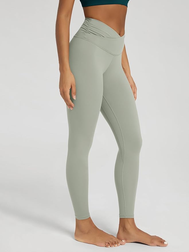 ODODOS Women's Cross Waist Yoga Leggings with Inner Pocket, 23"/25"/28" Gathered Crossover Workout Yoga Pants