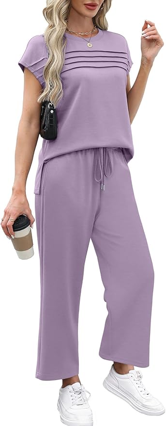 WIHOLL Two Piece Sets for Women Summer Spring Travel Vacation Outfits Cap Sleeve Lounge Matching Sets Wide Leg Pants S-3XL
