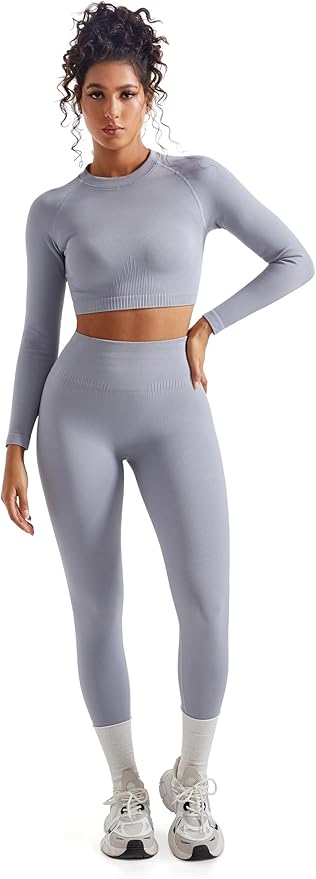 SUUKSESS Women 2 Piece Workout Sets Hidden Scrunch Hip Lifting Seamless Leggings Long Sleeve Yoga Crop Tops