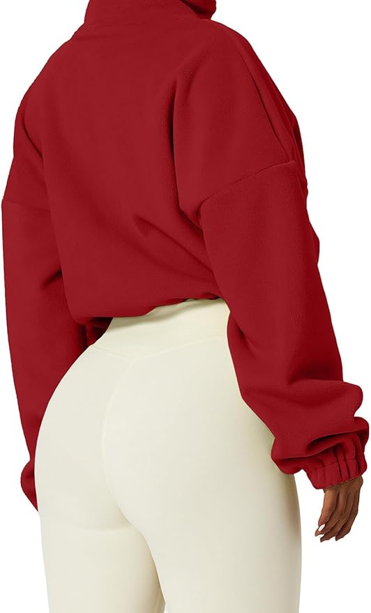 QINSEN Women's Full Zip Fleece Short Jacket Warm Winter Long Sleeve Stand Collar Sherpa Crop Coat