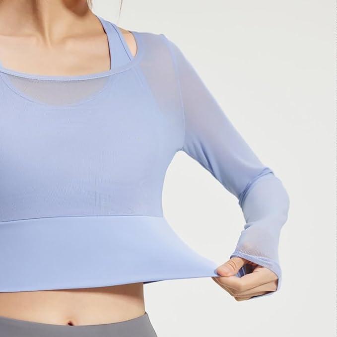 Women's 2 in 1 Yoga Long Sleeve Mesh Gym Athletic Tops Stretch Workout Pilates Shirts with Comfortable Sports Bra