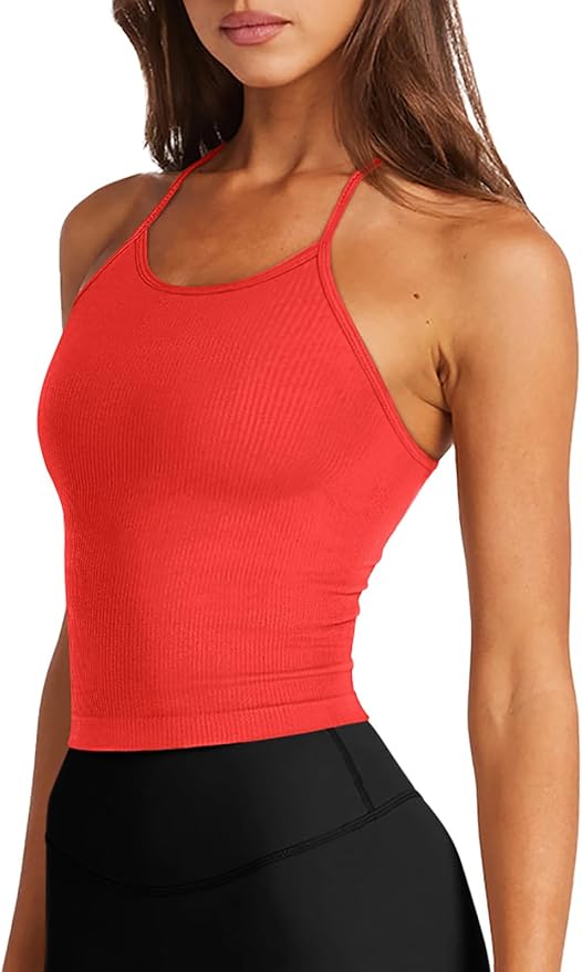 LASLULU Womens Sports Bra Seamless Long Crop Tank Racer Back Spaghetti Strap Workout Yoga Bra Padded Halter Neck Casual Tops