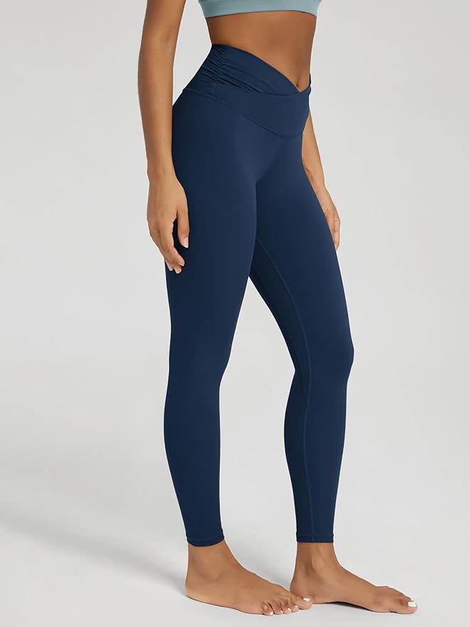 ODODOS Women's Cross Waist Yoga Leggings with Inner Pocket, 23"/25"/28" Gathered Crossover Workout Yoga Pants