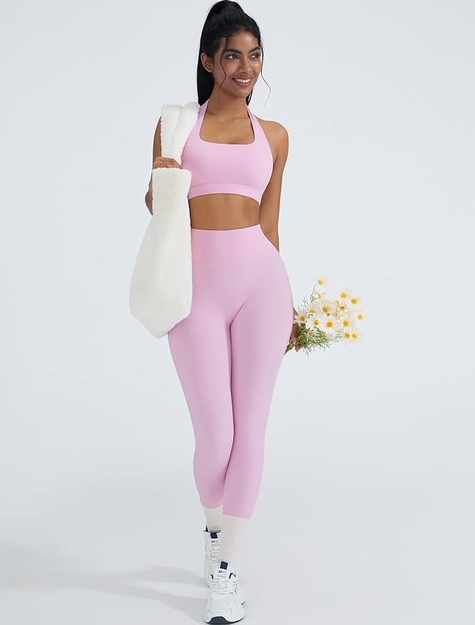 OMKAGI 2 Piece Workout Sets for Women Halter Sports Bras Gym Sets Booty Leggings Outfits