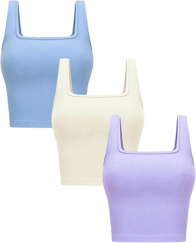 OLCHEE Womens 3 Pack Crop Tank Tops Basic Seamless Ribbed Sleeveless Square Neck Workout Top Summer Exercise Yoga Gym Shirts