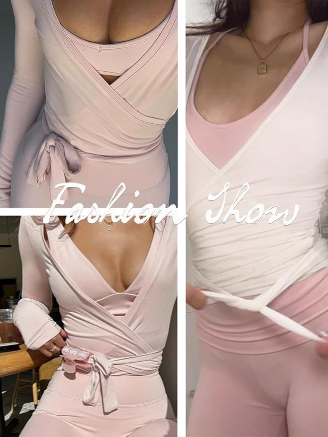 Danysu Ballet Wrap Tops Long Sleeve Cross Tie Crop Shirts Deep V-Neck Dance Clothes Fall Cardigans