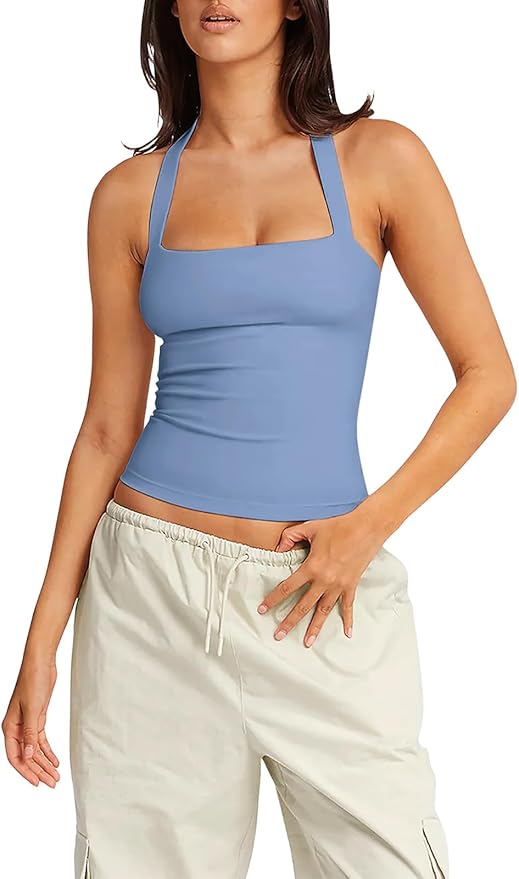 LASLULU Womens Sexy Halter Sports Bra Workout Tops Wirefree Sleeveless Gym Yoga Tank Tops Y2k Casual Crop