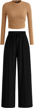 BTFBM Casual 2 Piece Sets For Women Fall Outfits 2026 Ribbed Spring Long Sleeve Crop Top Wide Leg Pants Matching Lounge Set