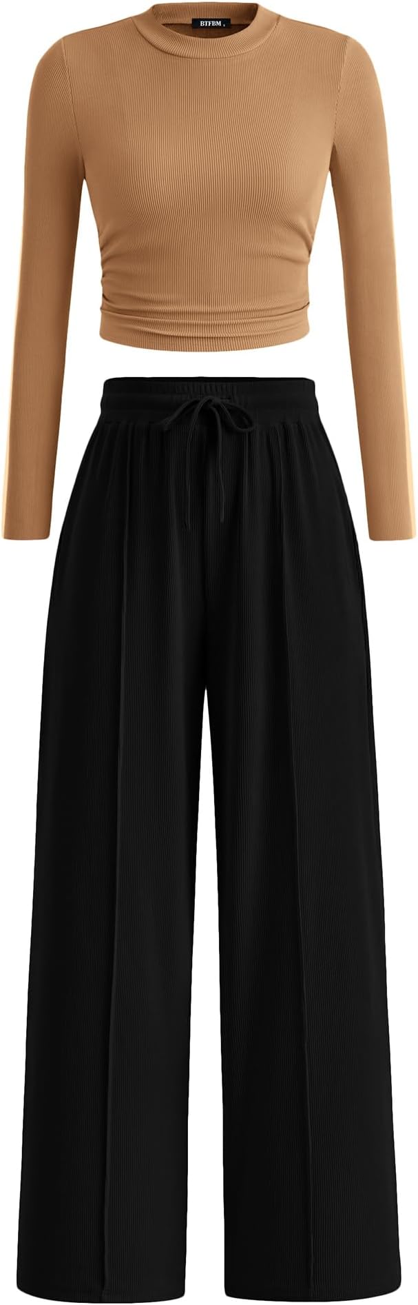 BTFBM Casual 2 Piece Sets For Women Fall Outfits 2026 Ribbed Spring Long Sleeve Crop Top Wide Leg Pants Matching Lounge Set