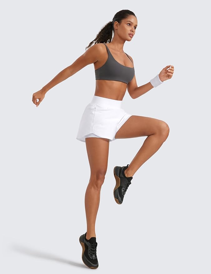 CRZ YOGA 2 in 1 Double Layer Running Shorts for Women 3" - High Waisted for Athletic Tennis Workout with Zip Pockets