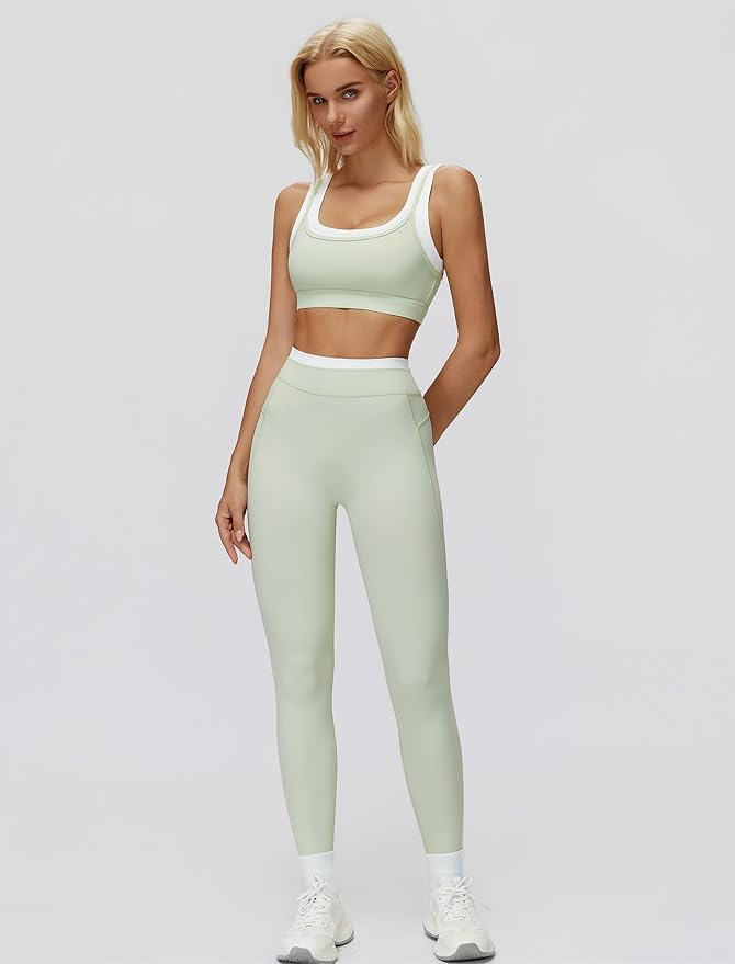 ABOCIW Two Piece Workout Sets for Women Layer Sports Bra Tummy Control High Wait Leggings Gym Yoga Outfits
