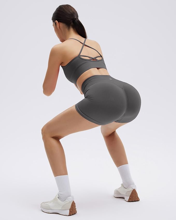 SUUKSESS Women Seamless 2 Piece Workout Sets Criss Cross Sports Bra High Waist Booty Shorts