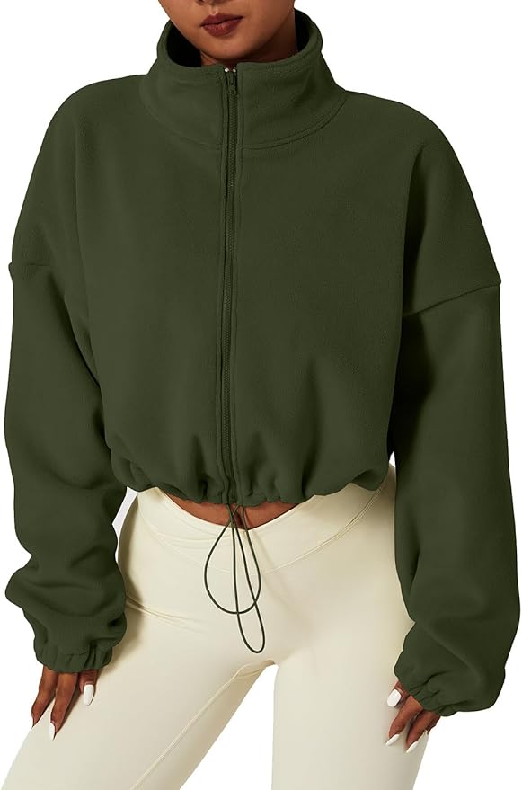 QINSEN Women's Full Zip Fleece Short Jacket Warm Winter Long Sleeve Stand Collar Sherpa Crop Coat