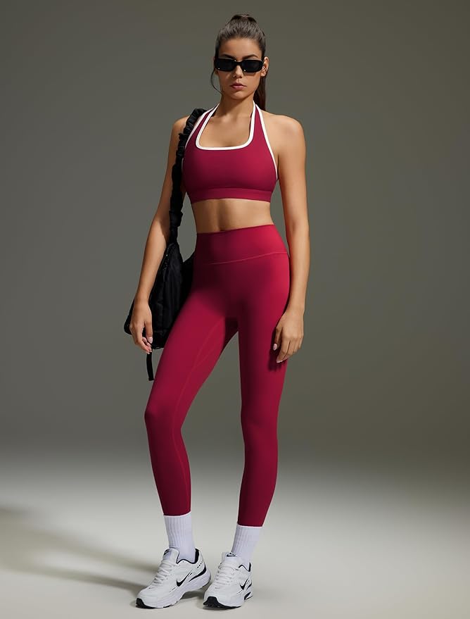 OMKAGI 2 Piece Workout Sets for Women Halter Sports Bras Gym Sets Booty Leggings Outfits