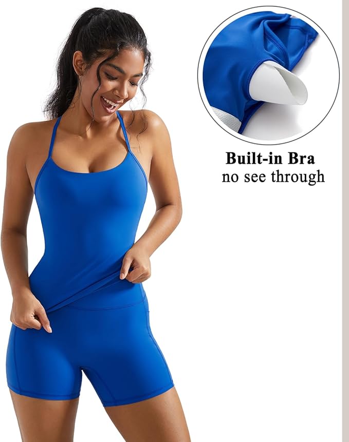OMKAGI 2 Piece Workout Sets for Women Padded Sports Bra Tank Booty Gym Shorts with Pockets